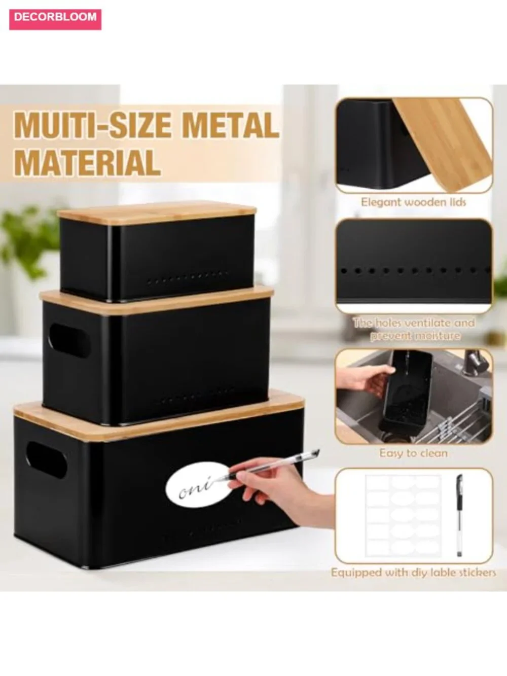 3 Pc Metal Storage Bins with Bamboo Lids Nesting Farmhouse Organizer Countertop